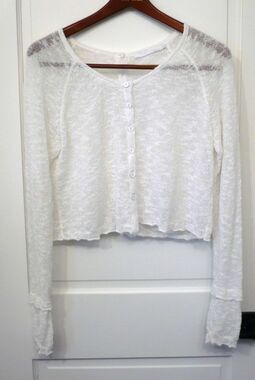 Lauren Vidal Lightweight Open Knit L Sweater Lettuce Hem Boho Coquette Luxury